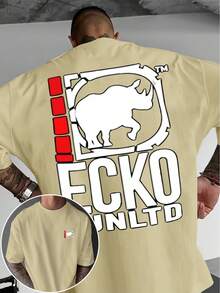 A Short-Sleeved T-Shirt With A "Rhino" Print And A Round Neck, Ideal For Summer. It's A Must-Have For Travel, Dates, Beach Outings, And Vacations, Making It A Perfect Gift For Dad Or A Boyfriend On Special Occasions. - 杏 - 查看 1