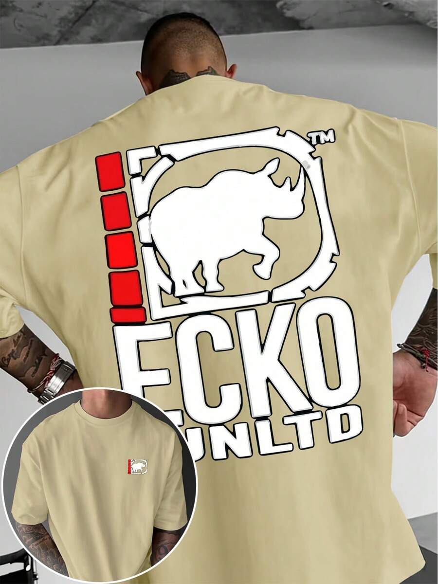 A Short-Sleeved T-Shirt With A "Rhino" Print And A Round Neck, Ideal For Summer. It's A Must-Have For Travel, Dates, Beach Outings, And Vacations, Making It A Perfect Gift For Dad Or A Boyfriend On Special Occasions. - 杏 - 查看 1