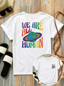 New 180g Short-Sleeved T-Shirt, 1% Cotton, With Prints On The Front And Back - WE ARE ALL HUMAN, Earth - Fashionable Printed T-Shirt For Women, Short-Sleeved, Suitable For All Seasons, Modern Clothing - Can Be Worn As A Base Layer In Spring And Autumn Or Alone In Summer, Unisex. - 白色 - 查看 7