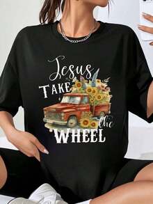 Women's "Jesus Take The Wheel Truck With Sunflowers" Graphic T-Shirt, Casual Style, Plus Size, Summer Fashion T-Shirt - 黑色 - 查看 7