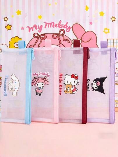  [IP Licensed] 7pcs Sanrio Hello Kitty, Kuromi, My Melody, Ginger Dog Pen Pouch, Large Capacity, Mesh Design Style/Various Styles Available, Essential For Office And Travel, Perfect For Back-To-School Season, Gift For Returning Students, Zippered Closure.