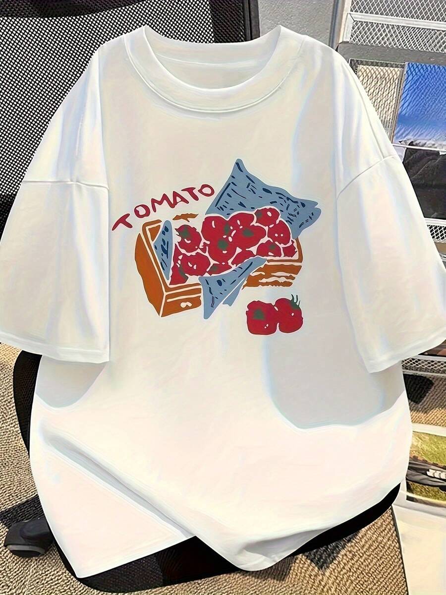 Modern And Minimalist Women's T-Shirt, Korean Style, With Tomato And Cherry Tomato Print - Short Sleeve Summer T-Shirt With Tomato Slice And Cherry Tomato Designs, Casual Shirt Suitable For Spring And Summer Outfits (White) For Everyday Wear. - 白色 - 查看 1