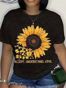 Sunflower Autism Awareness T-Shirt, "Accept, Understand, Love" Graphic Tee For Women And Men, Summer Casual Wear, Autism Awareness Day Gift, 220g - Urban Vintage Style, Unisex Short Sleeve Crew Neck T-Shirt, 100% Pure Cotton. - 黑色 - 查看 3