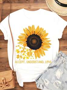 Sunflower Autism Awareness T-Shirt, "Accept, Understand, Love" Graphic Tee For Women And Men, Summer Casual Wear, Autism Awareness Day Gift, 220g - Urban Vintage Style, Unisex Short Sleeve Crew Neck T-Shirt, 100% Pure Cotton. - 白色 - 查看 4