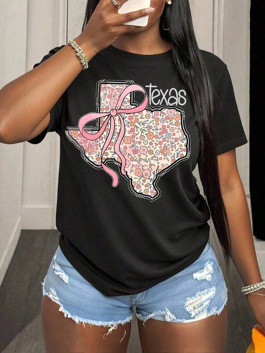 Mexican Women's Round Neck T-Shirt With Floral Print Of The State Of Texas And Pink Bow, Short Sleeve, Casual Summer Style For Daily Use. - 黑色 - 查看 1
