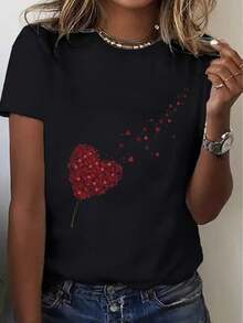 Women's Cotton Crew Neck Casual White Short Sleeve T-Shirt For Women, Plus Size, With Heart And Balloon Print - Crew Neck Blouse For Summer, Casual And Resort Wear, Plus Size Fit, Machine Washable, Top For Spring, Summer And Autumn, Soft Fabric Simple T-Shirt For Everyday Wear - 黑色 - 查看 3