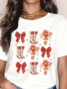 Cupid, Angel, Bow And Boots T-Shirt For Women, Valentine's Day Gift, Fashion Casual Top, 220g - Urban Vintage Style, Unisex, 100% Pure Cotton Short Sleeve T-Shirt - 白色 - 查看 3