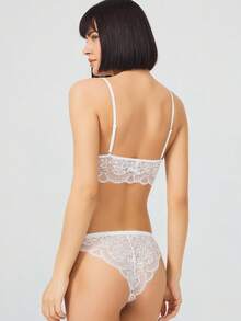 Lace Transparent Wireless Women's Bra Set, Top And Bottom - White - View 2
