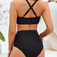 Nuevo traje de baño de dos piezas, bikini sexy de cintura alta con frunces en color sólido. - FF1214-BK - Ver 3