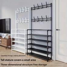 Multi-Layer Metal Clothes Rack With Shoe Rack And 8 Hooks, Multifunctional Storage Organizer For Hallway, Reinforced Steel Frame Suitable For Living Room, Dorm - Heavy Duty Clothing And Shoe Storage - Multicolor - View 2