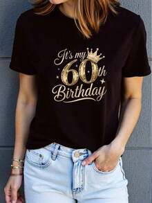 Women's Short Sleeve T-Shirt With Alphabet Print (English Compatible) - Casual Crew Neck Blouse, Medium Stretch Fabric For Casual, Office, And Matching Outfits - Machine Washable - Comfortable Top 0000 - 黑色 - 查看 2