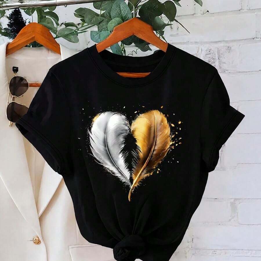 Women's Cotton T-Shirt, Sizes M-5XL, Casual Loose Fit, Round Neck, Short Sleeve, Heart And Feather Print, Gold And Silver Graphic, Comfortable Top For Everyday Wear, Soft Women's Clothing - 黑色 - 查看 1