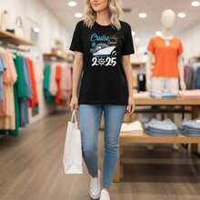 Women's 'Cruise Squad 2026' Graphic Print Cotton T-Shirt, Casual Short Sleeve Crew Neck T-Shirt, Summer Holiday T-Shirt, Available In Various Sizes, Soft - 黑色 - 查看 1