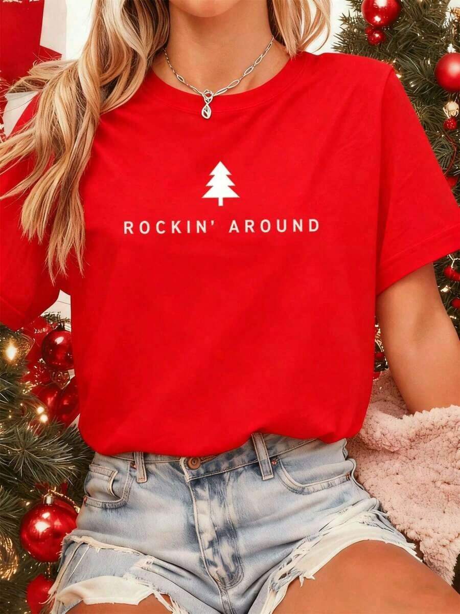 100% Cotton Christmas Tree Rockin' T-Shirt. Quality Fabric, Casual, Comfortable, Durable, And With A Unique Graphic Print. Women's Simple Solid Color T-Shirt, Loose And Slim Fit Casual Short Sleeve - 紅色的 - 查看 1