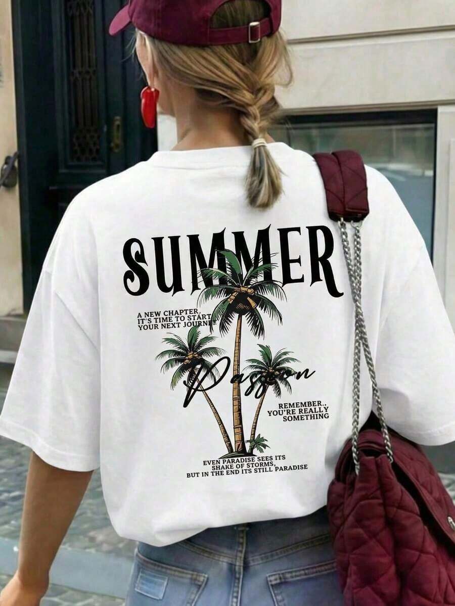 Nueva Camiseta de Verano para Mujer, Casual, de Cuello Redondo, Color Camel, Manga Corta, con Estampado Minimalista de Cocotero y la Letra "SUMMER", Versátil y a la Moda, Adecuada para el Ocio Diario y Vacaciones de Primavera. - Blanco - Ver 1