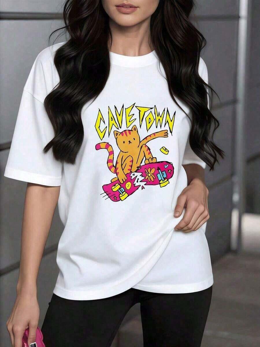 Women's Blouses. Women's T-Shirt With A Tiger Print On A Broken Skateboard. Fun And Original Design, Ideal For A Casual And Modern Look. Suitable For Spring, Summer And Autumn. - 白色的 - 查看 1