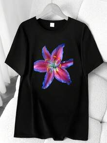 T-Shirt With A 6-Petal Floral Print. Available In 6 Colors, Short Sleeves, Round Neck, High-Stretch Casual Sports Top. Machine Washable. Suitable For Spring And Summer. Can Be Worn In All Seasons. Women's Clothing. Elegant Party Outfit, T-Shirt For Stylish Ladies, Blouses Suitable For Curvy Women, Casual Wear, Cool And Breathable Summer Wear, Fun Letter Print. - 黑色 - 查看 1