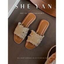 Triomphe-Style Embroidery ~2026. French-Style Embroidered Fringe Slides With A Relaxed Vibe, Flat Soles For Comfort And Versatile Wear. New Genuine Leather Denim Flip-Flops For Women In Summer. - 杏色 - 查看 6