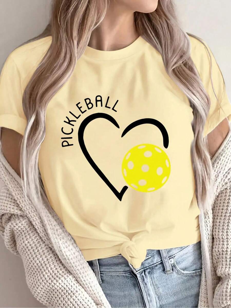 Camiseta de Verano Premium para Mujer con Estampado de Pickleball - Suéter Casual Suave y Elástico con Estampados de Corazones y Pelotas, Top Deportivo Lavable a Máquina, Adecuado para Uso Diario en Primavera y Otoño, Camiseta de Ajuste Cómodo. - Albaricoque - Ver 1