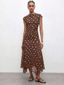 MAIJA Sleeveless V-Neck Ruffled Midi Dress With Bohemian Print - Brown - View 1
