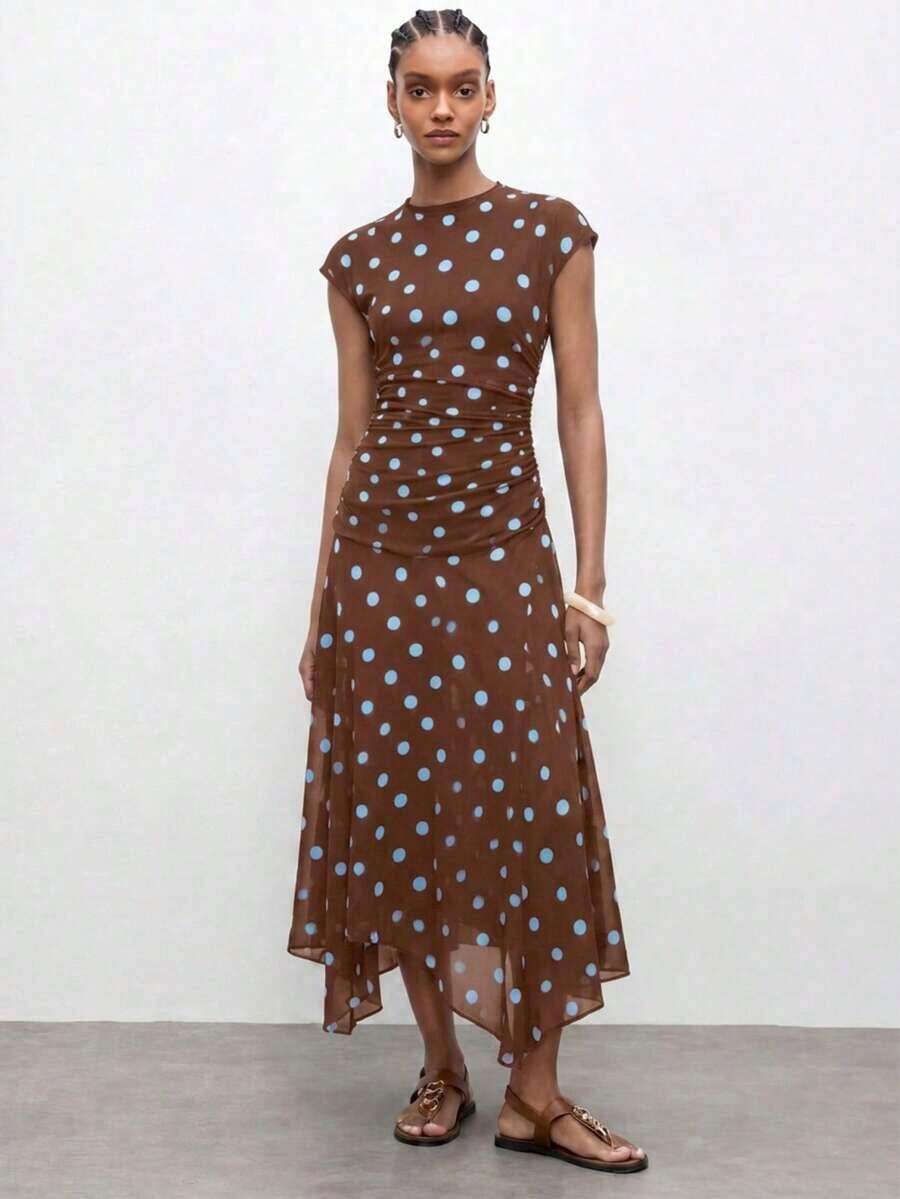 MAIJA Sleeveless V-Neck Ruffled Midi Dress With Bohemian Print - Brown - View 1