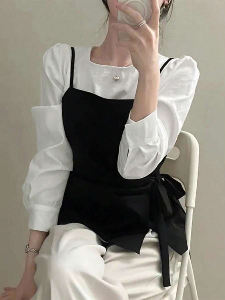 秋冬蝴蝶结吊带背心+长袖衬衫叠穿套装(2件套) - 黑色 - 查看 1
