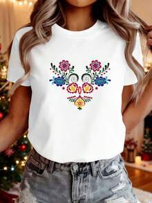 Women's T-Shirt With A Traditional Eastern European Floral Design, Perfect For Casual Spring And Summer Wear, Featuring Short Sleeves And A Round Neck. Casual Women's T-Shirt With A Print, Short Sleeves, And A Round Neck, A Local Urban Style For Spring/Summer. - 白色 - 查看 1