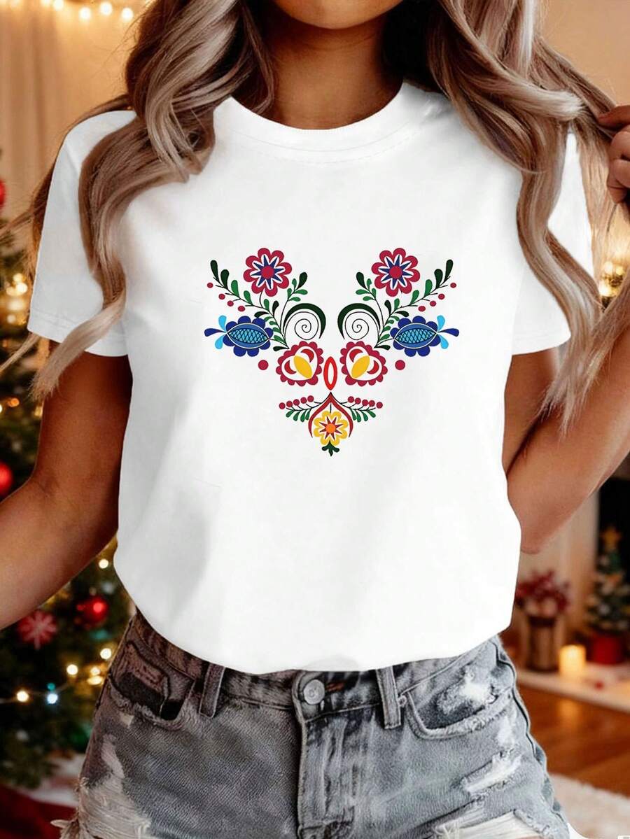 Women's T-Shirt With A Traditional Eastern European Floral Design, Perfect For Casual Spring And Summer Wear, Featuring Short Sleeves And A Round Neck. Casual Women's T-Shirt With A Print, Short Sleeves, And A Round Neck, A Local Urban Style For Spring/Summer. - 白色 - 查看 1