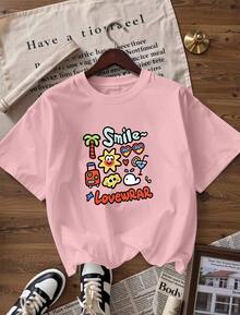Summer Cartoon T-Shirt With "Smile~" Text, Fashionable Short-Sleeved T-Shirt For Spring And Summer 2026, Made In Mexico, 180 Grams. Cartoon Print, Couple Design, Suitable For Indoor Or Outdoor Wear. Crew Neck, Unisex, Ideal For Office And Leisure. One-Pack. - PK-P631577SLNDXZGY595 - 查看 4