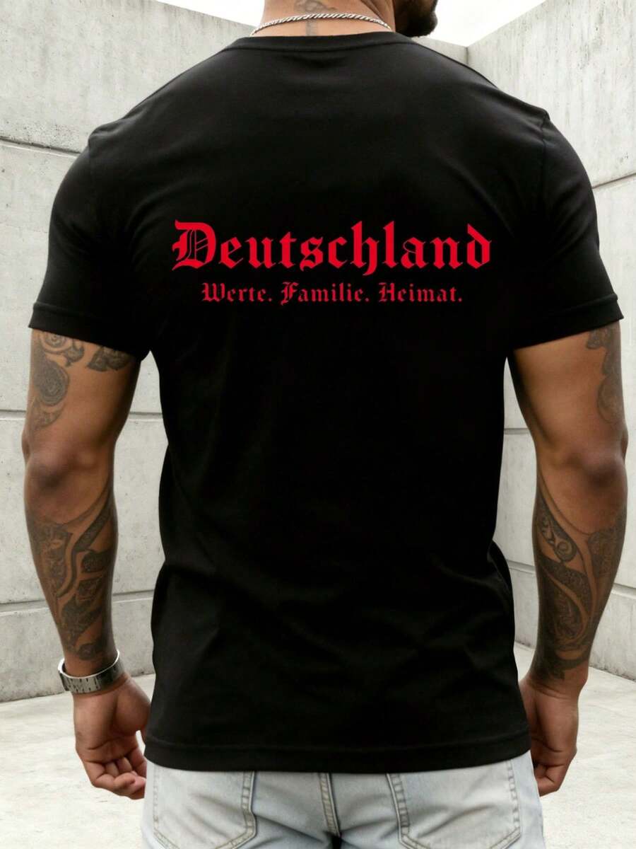 - Casual Style Men's T-Shirt With Back Print Values Germany Family Homeland, Summer Clothing For Him, Loose And Comfortable. - Back - View 1