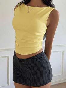 Top de camiseta corta acolchada de algodón blanco, primavera/verano - Amarillo - Ver 3
