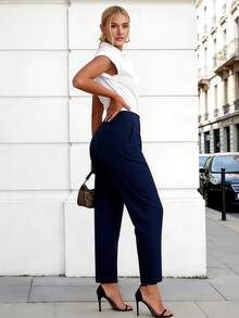 Pantalones de trabajo ajustados y acortados de color liso que ceñen la cintura - Azul Marino - Ver 6