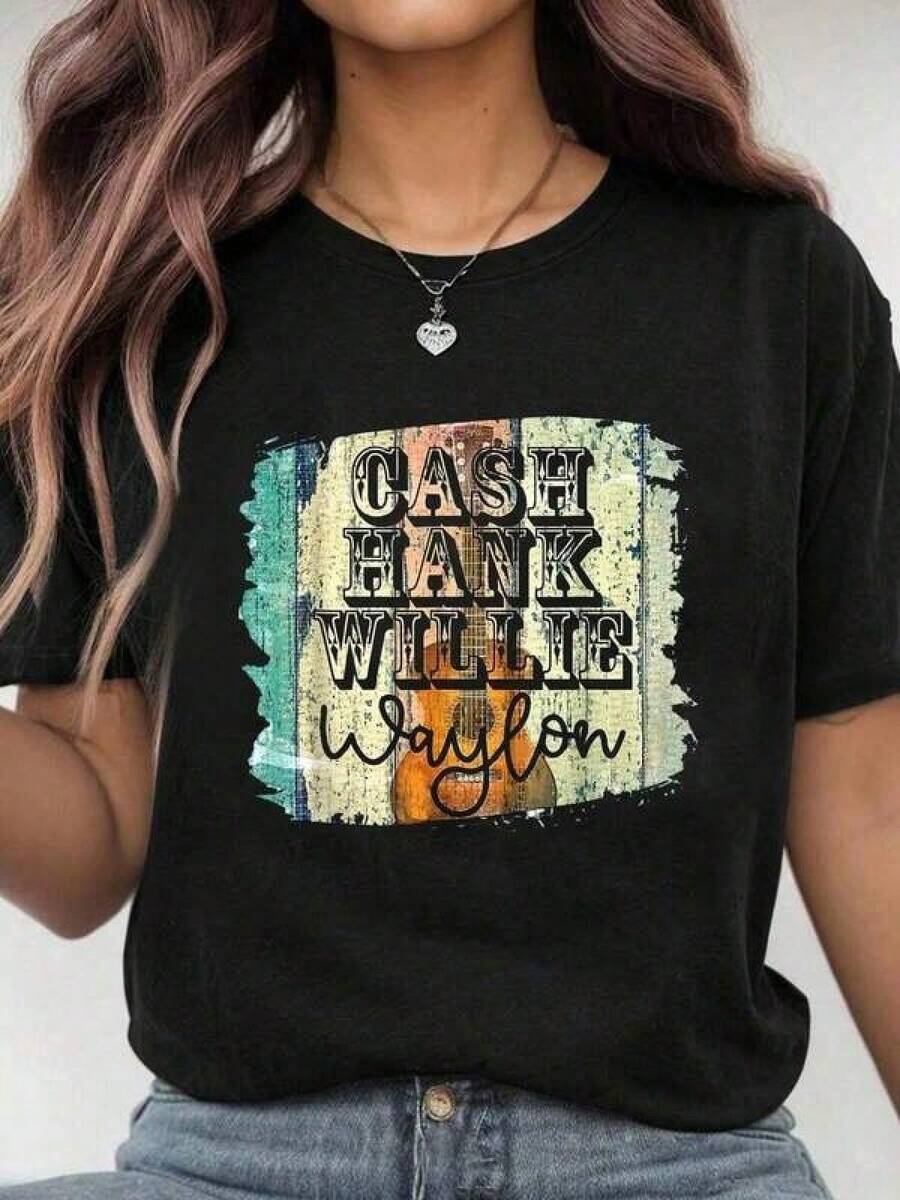 Cash Hank Willie Waylon Guitar Vintage 100% Cotton T-Shirt For Men And Women, Casual Graphic T-Shirt, Short Sleeve And Round Neck, Local Urban Fashion Spring/Summer. - 黑色 - 查看 1