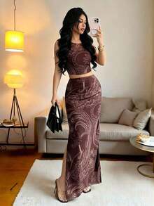 Vestido ajustado de mujer con abertura, de malla con efecto tie-dye degradado sin mangas, conjunto de 2 piezas - Café integral 5 - Ver 1