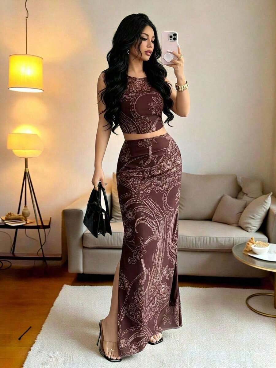 Vestido ajustado de mujer con abertura, de malla con efecto tie-dye degradado sin mangas, conjunto de 2 piezas - Café integral 5 - Ver 1