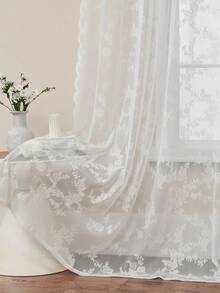 2pcs Transparent Lace Bedroom Curtains, Elegant Victorian Style Scalloped Edge Floral Pattern Curtains; Kitchen Curtains; Semi-Transparent Curtains; Polyester Material, Suitable For Living Room And Dining Room Curtains - White - View 4