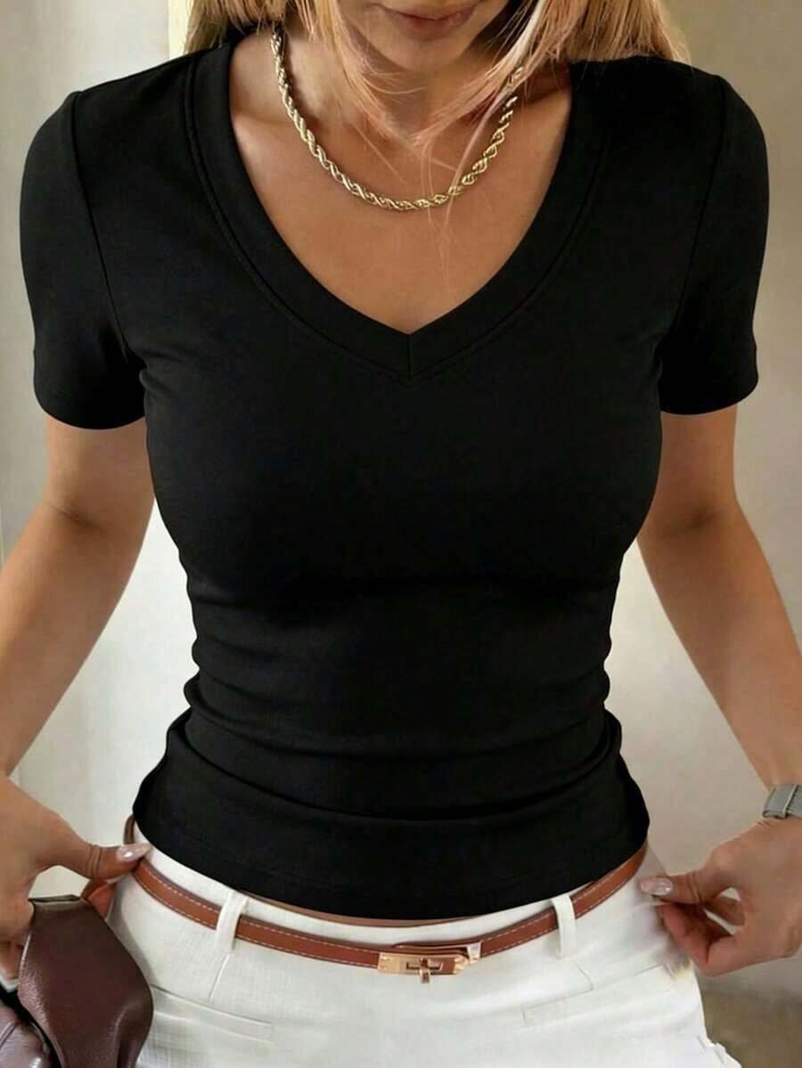 Camiseta de mujer de unicolor, cuello de pico, ajustada, con pliegues y manga corta, para verano - Negro 9 - Ver 1