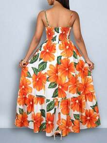Vestido maxi elegante y casual para mujer de talla grande con estampado floral romántico, sin mangas, con cintura ceñida y nudo, tirantes de espagueti, para vacaciones en la playa, primavera y verano, para el verano en Hawái, vestidos de verano p - Naranja - Ver 2