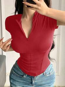 Camiseta deportiva de compresión con cierre de cremallera sólido para el verano - Rojo - Ver 6