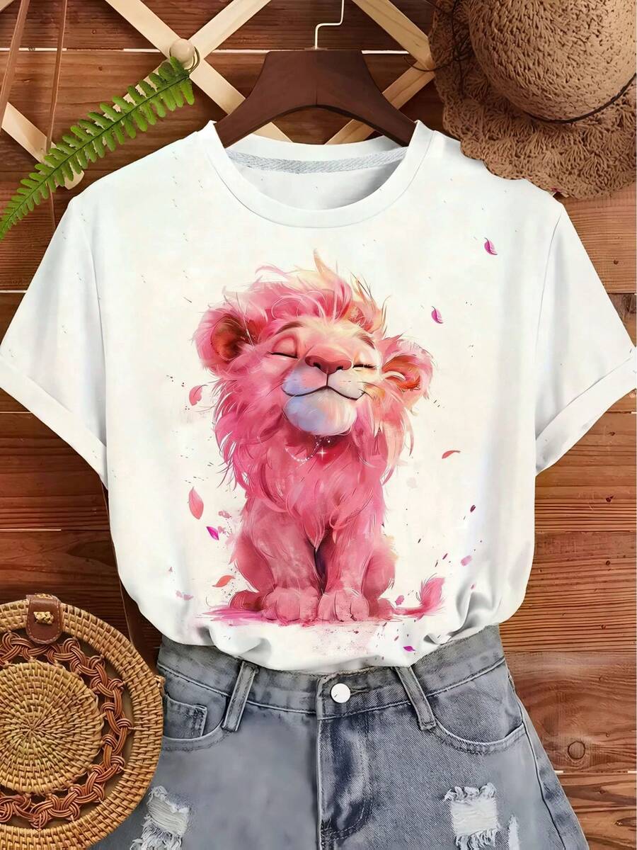 Women's Short Sleeve T-Shirt With Pink Watercolor Lion Print | Women's T-Shirt With Adorable Lion Print, Casual And Youthful Style - DZZ346 - 查看 1