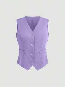 Chaleco minimalista de unicolor con cuello en V, sin mangas y con botones delanteros - Morado 2 - Ver 1