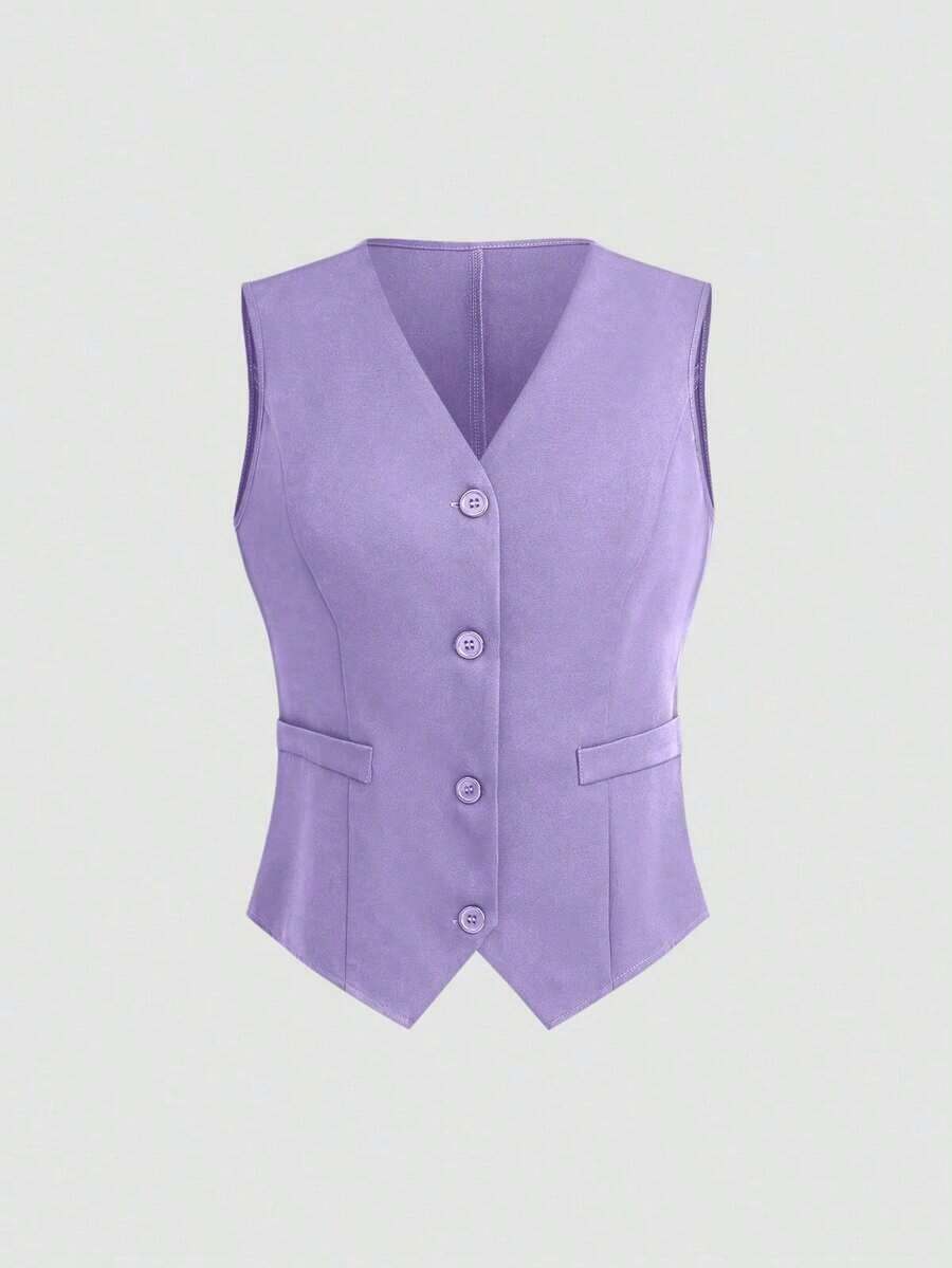 Chaleco minimalista de unicolor con cuello en V, sin mangas y con botones delanteros - Morado 2 - Ver 1