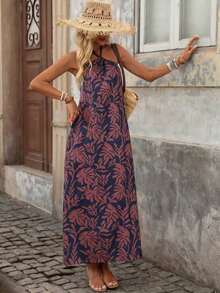 Vestido con estampado, corte con abertura alta, espalda descubierta, atar al cuello y flecos para mujer, vacaciones - Azul - Ver 8