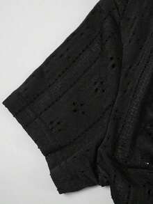 Camiseta casual de mujer de manga corta, cuello en V, fruncida y ajustada de unicolor - Negro 2 - Ver 6