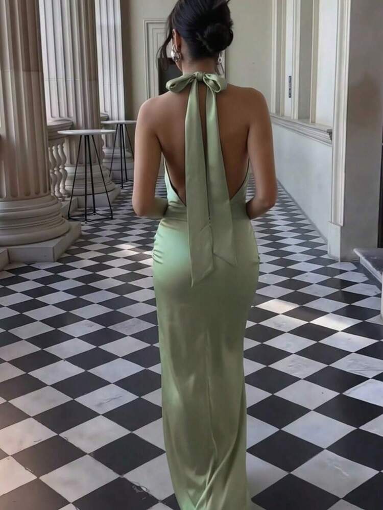 Nuevo vestido elegante de fiesta de cola de sirena con cintura alta plisada, sin mangas, color verde militar sólido, adecuado para boda, fiesta, cita, Día de San Valentín, primavera - verde menta - Añade 3