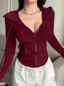 Sudadera con cremallera para el Día de San Valentín, camiseta ajustada para mujer - Burdeos - Ver 2