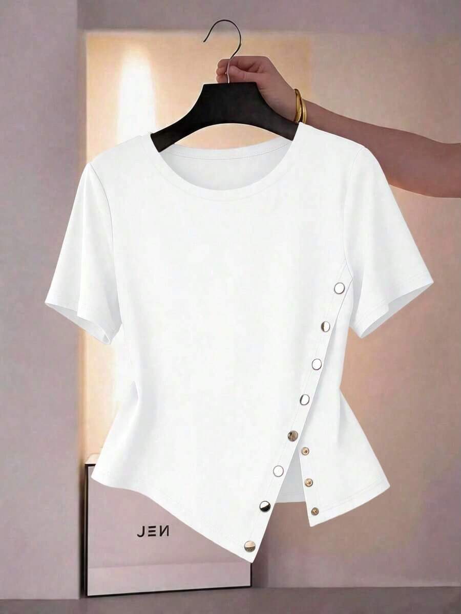 Camiseta de manga corta de talla grande para mujer, de unicolor, con dobladillo asimétrico, para uso diario y casual - Blanco - Ver 1