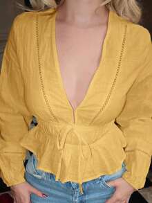 Blusa blanca de manga larga de algodón para mujer, blusa bohemia de cuello en V profundo con mangas con ribete de encaje y cintura con cordón| Blusa bohemia, otoño para mujer, blusa campesina para mujer, top corto de manga larga blanco, top est - Amarillo - Ver 3