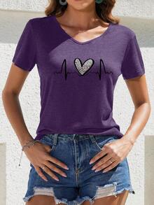 Camiseta de mujer de manga corta con cuello en V con estampado de corazón y leopardo - Morado - Ver 3