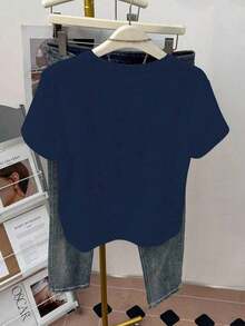 mujer de talla grande con estampado de bordado vintage de gato y floral, de cuello redondo y manga corta, top floral azul, adecuado para uso diario y vacaciones de verano - Azul marino - Ver 2